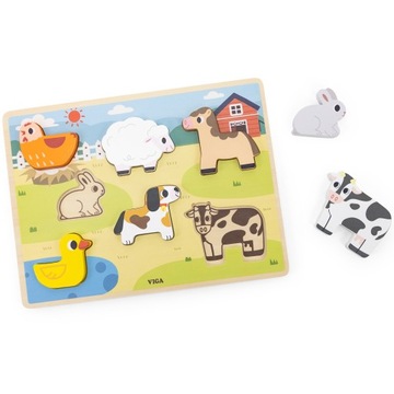 VIGA DREWNIANE PUZZLE UKŁADANKA MONTESSORI 2w1 FIGURKI FARMA ZWIERZĄTKA
