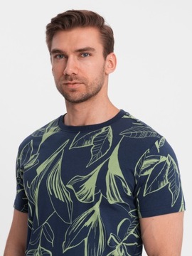 T-shirt męski fullprint w kontrastowe liście granatowy V5 OM-TSFP-0180 L
