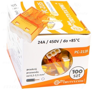 szybkozłączka elektryczna 3x2,5mm 100 szt złączka 24A +85stC 0,2-2,5mm