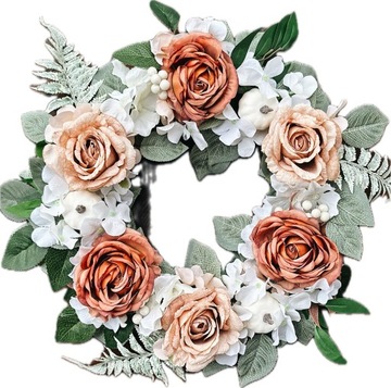 WIANEK JESIENNY KWIATOWY NA DRZWI STROIK WIENIEC RÓŻE PAPROĆ DYNIE