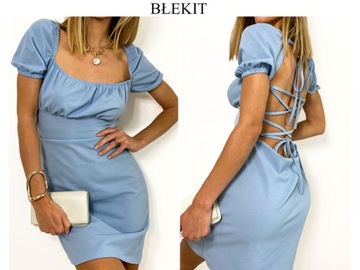 Sukienka MINI odkryte plecy dopasowana rękawy bufki elastyczna modna L/XL