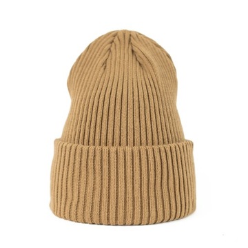 CZAPKA Damska Beżowa Podwijana Polska Beanie Casualowa Prążkowana