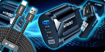 SZYBKI ZASILACZ DO TELEFONU 58W 2xPORT-C-20W 1xPORT-A QC 3.0 KABEL A-C 2m