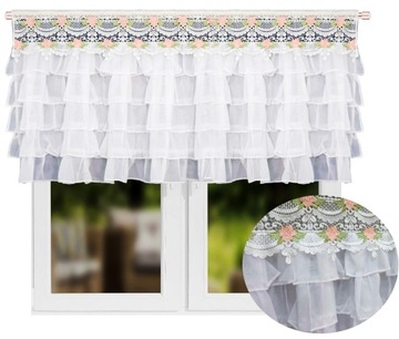 FIRANA GOTOWA z FALBANAMI ZAZDROSTKA FIRANKA z GIPIURĄ WOAL na TAŚMIE