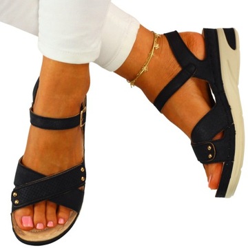 САНДАЛИИ ЖЕНСКИЕ, ЧЕРНАЯ КОЖА, ПРОФИЛИРОВАННЫЕ, ПРИШИТЫЕ