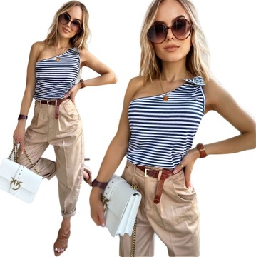 БЛУЗКА ЖЕНСКАЯ из хлопка, на одно плечо, модный принт, полоска, бантик.