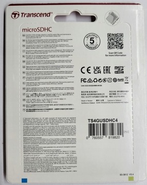 Карта памяти TRANSCEND 4 ГБ microSDHC TS4GUSDHC4 micro SDHC + адаптер SD