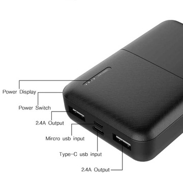 ПОРТАТИВНОЕ ЗАРЯДНОЕ УСТРОЙСТВО MINI POWERBANK 10000 мАч 2×USB/Micro USB/USB-C POWER BANK