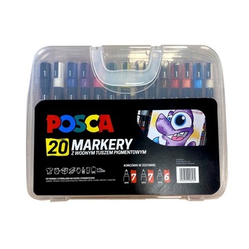 Markery z farbą plakatową dekoracyjne UNI POSCA 20 szt + teczka plastikowa