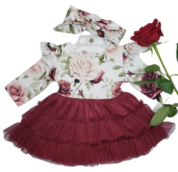 Sukienka z długim rękawem i tiulem + opaska LULU DESIGN 62 (0-3 m-ce) Wielo