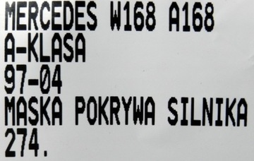274.MASKA KRYT MOTORU MERCEDES W168 TŘÍDA A