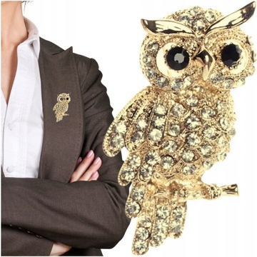 Złota broszka sowa z cyrkoniami elegancka przypinka sówka owl ozdobna pin
