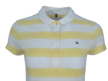 TOMMY HILFIGER polo damskie, biało-żółte paski, S