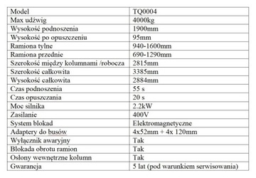 Podnośnik dwukolumnowy automatyczny 4000kg TQ0004