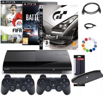 KONSOLA PS3 SUPER SLIM 500GB ZESTAW | 2 NOWE PADY | 3 GRY | AKCESORIA