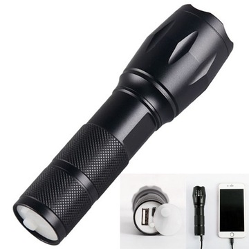 LATARKA LED TAKTYCZNA Z ZOOMEM ALUMINIOWA USB Powerbank + KABEL MICRO-USB