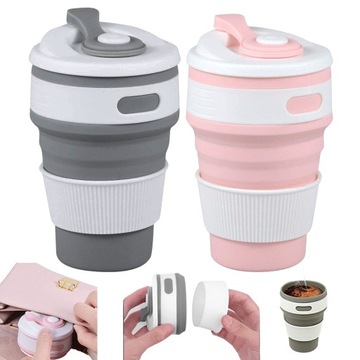 2SZT SKŁADANY KUBEK TURYSTYCZNY SILIKONOWY Z POKRYWKĄ RÓŻOWY+SZARY 350ML