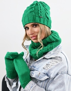 CZAPKA KOMIN RĘKAWICZKI damski ciepły komplet na zimę modna Zieleń Prezent