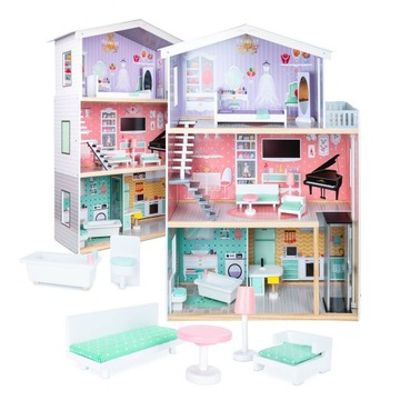 DOMEK DLA LALEK DREWNIANY MEBELKI PASTELOWY XXL 117CM