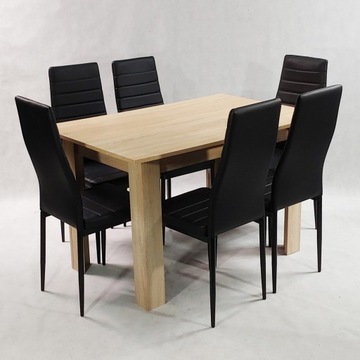 Современный набор столов Sonoma 120 и 6 черных стульев.