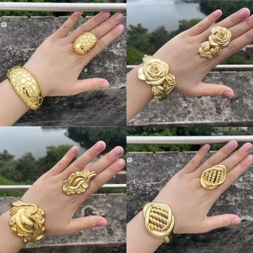 Luxury Dubai Gold Plated Bracelet Ring Copper Cuff Flower Bangle Italy Fran