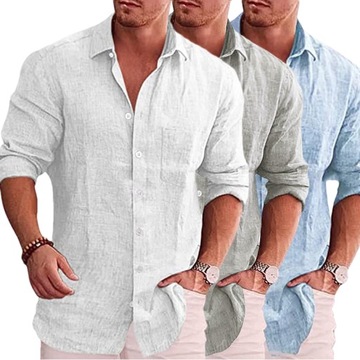 MĘSKA PRZEWIEWNA KOSZULA LNIANA CASUAL KOSZULA DŁUGI RĘKAW Z GUZIKAMI 3PCS