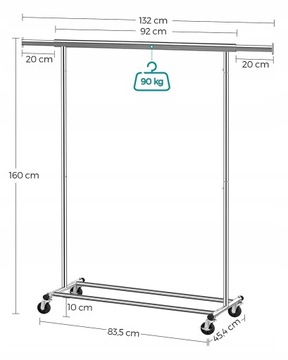 ЦЕЛЬНОМЕТАЛЛИЧЕСКАЯ ВЕШАЛКА ДЛЯ ОДЕЖДЫ НА КОЛЕСАХ, РЕЙКА