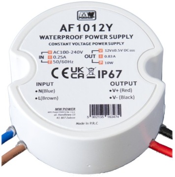 MW Power 10Вт 24В/0,41А круглый светодиодный блок питания, IP67 AF1024Y