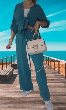 Муслиновый КОМПЛЕКТ, рубашка, свободные брюки, зеленый