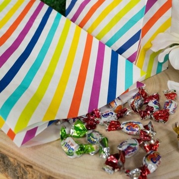 10 x Torebki PAPIEROWE 16x8x27cm KOLOROWE w PASKI KLOCKOWE NA SŁODYCZE