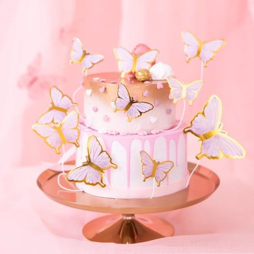 BUTTERFLIES Бабочки из бумаги ДЛЯ ТОРТА, ВЫРЕЗАННЫЕ ФИОЛЕТОВЫЕ, ЗОЛОТЫЕ, блестящие, 10 шт.