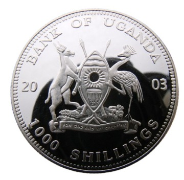 УГАНДА 1000 ШИЛЛИНГОВ 2003 ГОДА GOILLA PROOF 38 мм ТИП 4