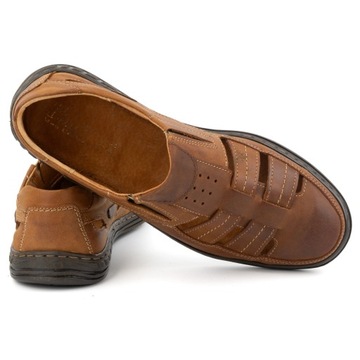 Buty męskie skórzane wsuwane ażurowe na lato POLSKIE J06 brąz camel 43