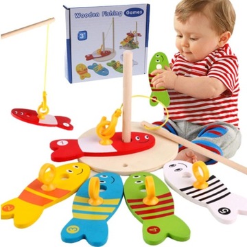 ZABAWKA DREWNIANA ŁOWIENIE RYBEK UKŁADANKA GRA RYBKI Z WĘDKĄ 2w1