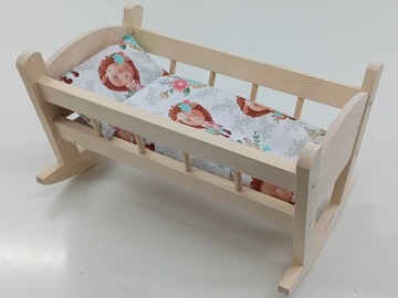 KOŁYSKA DREWNIANA dla lalek NIEMALOWANA + POŚCIEL