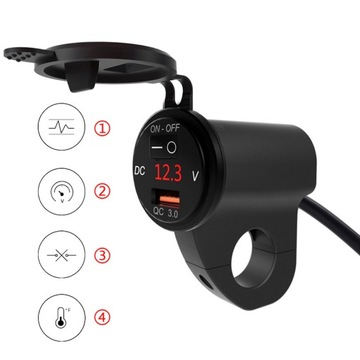 ЗАРЯДНОЕ УСТРОЙСТВО ДЛЯ МОТОЦИКЛА USB QC3.0 КНОПКА ВОЛЬТМЕТРА