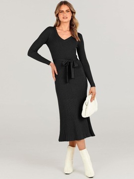 Damska sukienka sweterkowa z długim rękawem, dekoltem w kształcie litery V, wiązaniem w talii, slim fit, elegancka, L