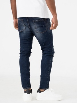 SPODNIE JEANSOWE MĘSKIE WYTARCIA MODNE i8 Denim Skinny Ciemne Niebieskie 30