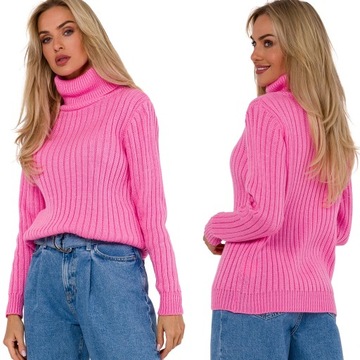 DAMSKI SWETER KARDIGAN SWETEREK Z GOLFEM CIEPŁY RÓŻOWY 40/42 L/XL