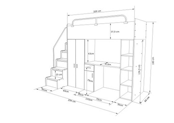 Łóżko piętrowe JSM4 z biurkiem 90x200 granatowy mat-materac piankowy Gratis