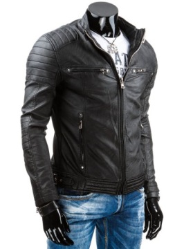 Мужская кожаная куртка Black Standing воротник TX3247 - XL