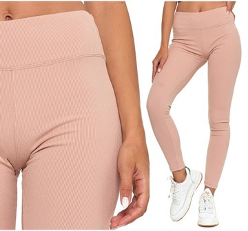 Legginsy Damskie Prążkowane Modne Klasyczne Wysoki Stan Kryjące Beżowe L/XL