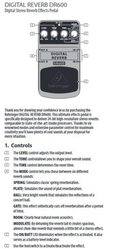 DR600 Digital Reverb Podłogowy efekt gitarowy Behringer + KABEL