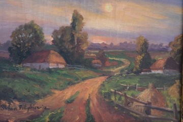 С. Филипкевич — «Польская деревня Хатки» — прекрасная старинная картина на дереве