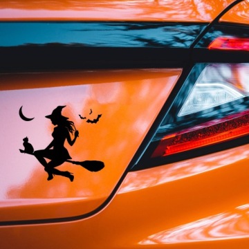 Автомобильная наклейка ВЕДЬМА НА МЕТЛЕ С КОШКОЙ - идеальный аксессуар, долговечный.