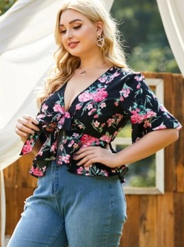 PLUS SIZE BLUZKA DAMSKA CZARNA W KWIATY 48 V4F