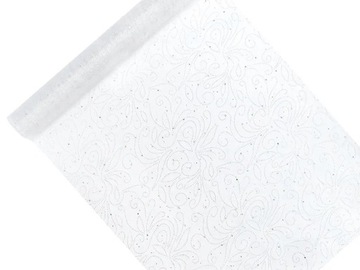 Organza biała wzór z perełek Bieżnik Obrus 0,48 x 9m Komunia Wesele