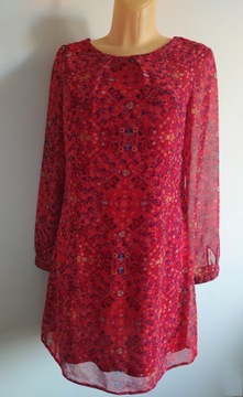 M 38 elegancka luźna czerwona sukienka szyfonowa w kwiaty długie rękawy