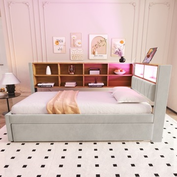 Sofa rozkładana 90x200, łóżko wysuwane Schowek na gniazdo LED Jasnoszary