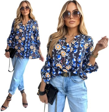 BLUZKA DAMSKA koszula luźna elegancka print dekolt guziki